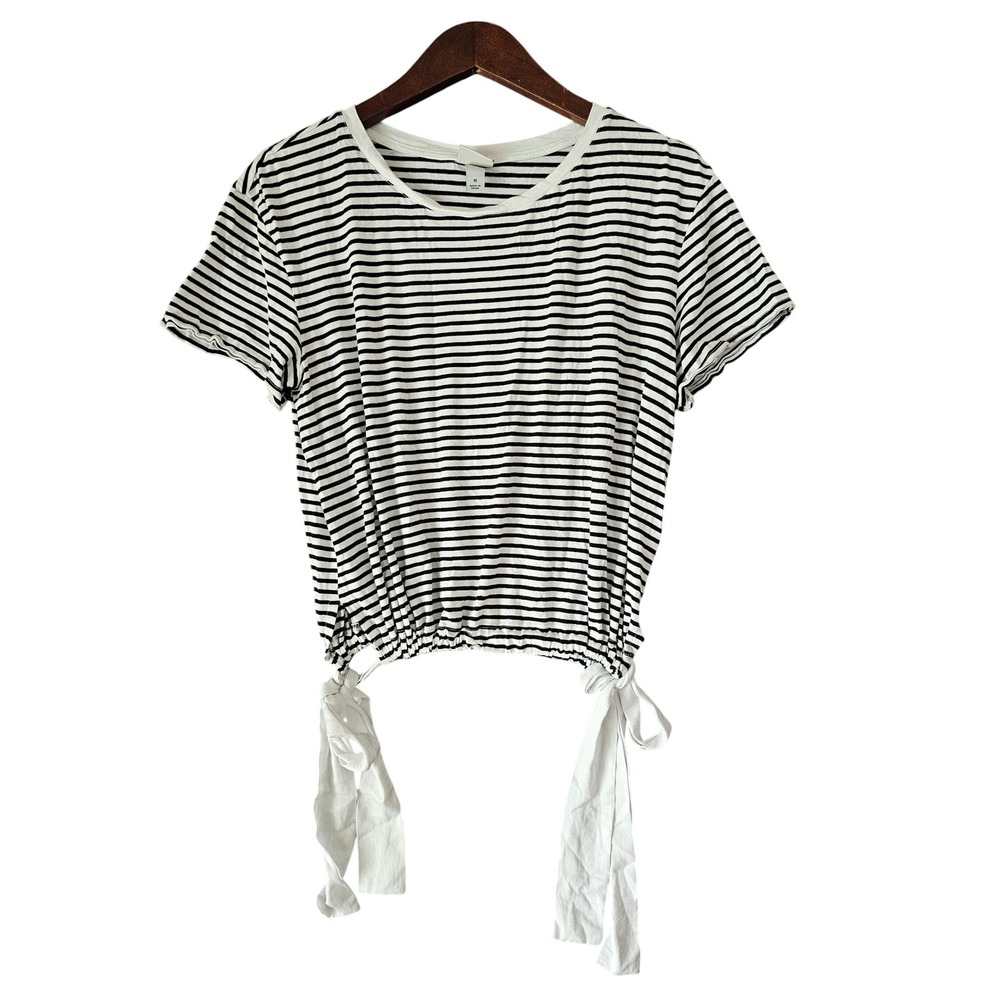 A New Day Womens Striped Tie Hem T-Shirt‎ Top Black White